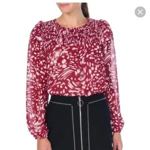 ​Maje Smocked Swirling Dot Print Sheer Long Sleeve Blouse Red White Sz 2 Medium